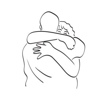 Çizgi sanatçısı kadın ve erkek, beyaz arka planda izole bir şekilde çizilmiş çizim vektörü elleriyle sarılıyorlar.