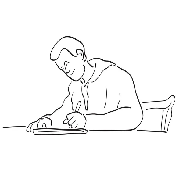 Line Art Man Írás Papír Asztalára Illusztráció Vektor Kézzel Rajzolt — Stock Vector