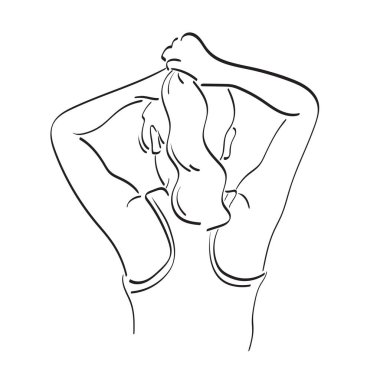 Uzun saç illüstrasyon vektör elini beyaz arka planda izole bir şekilde tutan sportif kadının çizim sanatı dikiz görüntüsü 