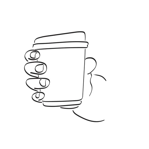 Linje Konst Närbild Hand Hålla Takeaway Varm Kaffe Kopp Illustration — Stock vektor