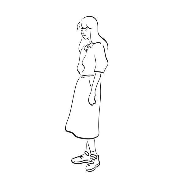 ラインアート全長の女立ちイラストベクトル手描き白背景 — ストックベクタ