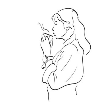 Beyaz arkaplan çizgisi üzerine izole edilmiş bir şekilde çizilmiş, bir fincan sıcak kahve illüstrasyon eli üfleyen bir kadın..