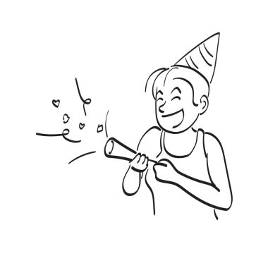 Çizgi sanatçısı kadın beyaz arka planda izole edilmiş çizim vektör elini kutlamak için şapkalı kağıt popper oynuyor.