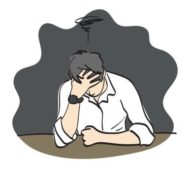 line art depressed businessman holding head in hand illustration vector hand drawn isolated on white background 
