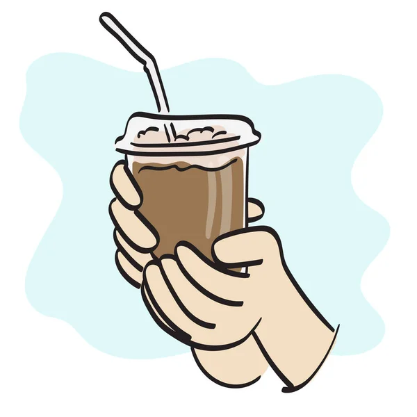 Nahaufnahme Hand Hält Eiskaffee Illustration Vektor Hand Gezeichnet Isoliert Auf — Stockvektor