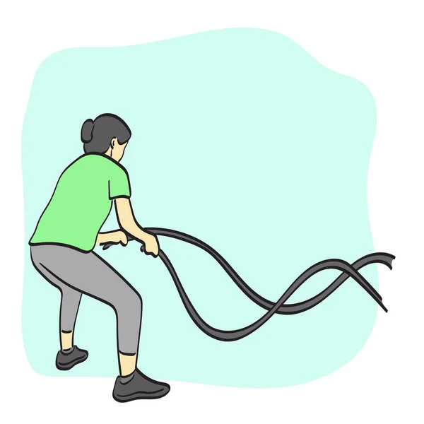 Line Art Sportswoman Working Out Battle Ropes Illustration Vector Hand — Stock Vector