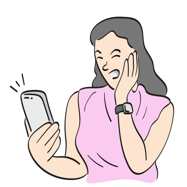 Line Art Annoyed Young Woman Looking Her Smartphone Screen Illustration — Stock Vector
