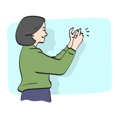 Beyaz arka plana izole edilmiş akıllı telefon illüstrasyon vektör eli çizilmiş bir kadının fotoğraf çekimini çiziyorum.