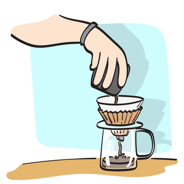 Nahaufnahme Hand Kaffee Machen Für Tropfenden Heißen Kaffee Die Tasse — Stockvektor