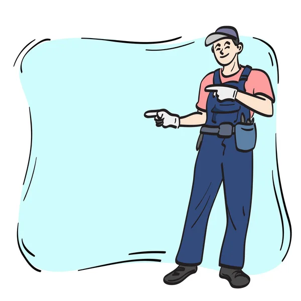 Homme Bricoleur Pointant Sur Espace Copie Bleue Pour Présenter Quelque — Image vectorielle