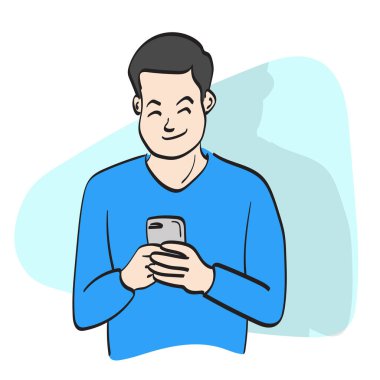 Çizgi sanatı yarı uzunlukta adam beyaz arkaplanda izole edilmiş akıllı telefon çizim vektör elini kullanıyor