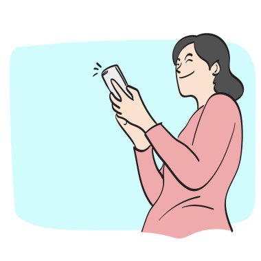 Çizgi sanatçısı kadın mavi boş uzay çizim vektör eli üzerinde akıllı telefon kullanarak beyaz arka plana izole çizilmiş