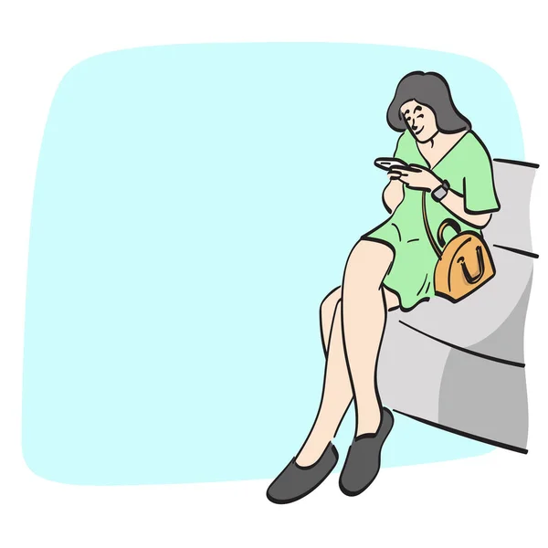 Line Art Businesswoman Using Smartphone Sofa Illustration Vector Hand Drawn — Stock Vector