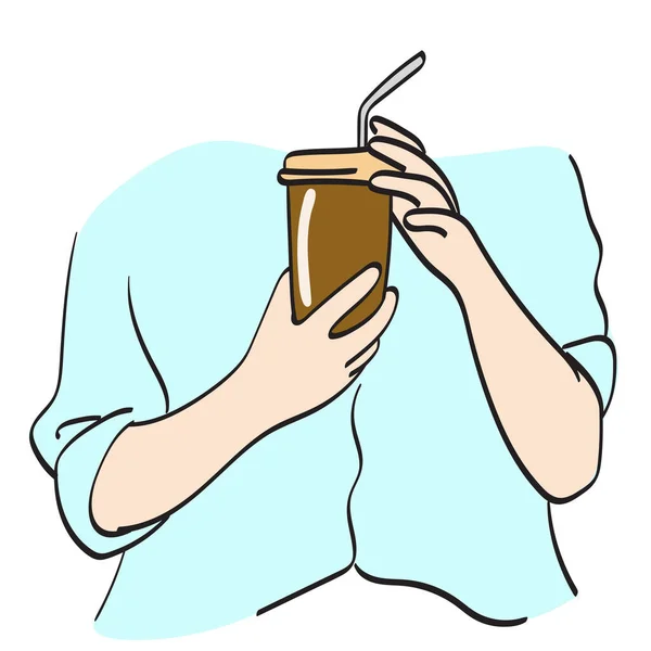 Nahaufnahme Hand Hält Zum Mitnehmen Eiskaffee Illustration Vektor Hand Gezeichnet — Stockvektor