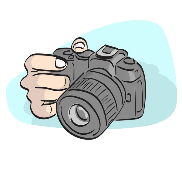 Közelkép Kéz Gazdaság Professzionális Dslr Kamera Illusztráció Vektor Kézzel Húzott — Stock Vector