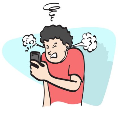 Akıllı telefon çizim vektör eli beyaz arka planda izole çizilmiş çizgili çizgili kızgın bir adam 
