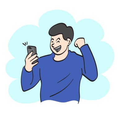 Çizgi sanatçısı mavi kazak giyer. Akıllı telefon tutar. Mutluluk illüstrasyon vektörü elini beyaz arka plana çizer.