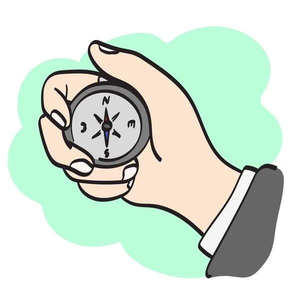 Closeup Hand Holding Compass Illustration Vector Hand Drawn Isolated White — ストックベクタ