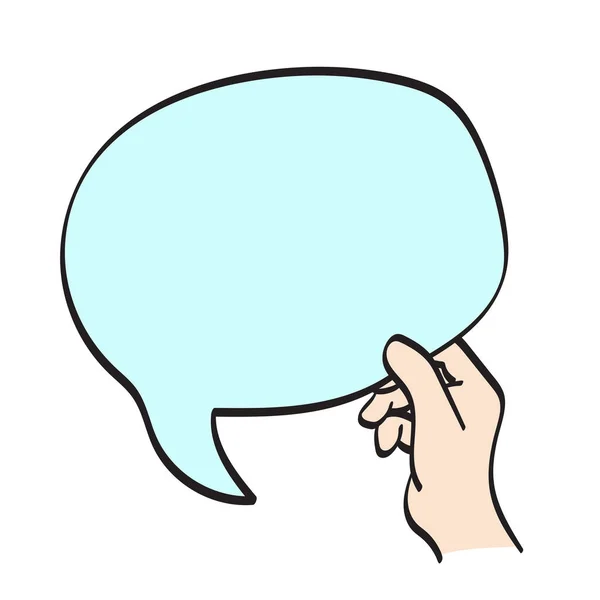 Closeup Hand Holding Blue Bubble Speech Illustration Vector Hand Drawn — Stock Vector