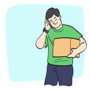 çizgi sanatçısı kutucuğu alıyor ve beyaz arkaplanda izole edilmiş akıllı telefon çizim vektör elini kullanıyor