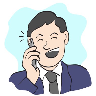 Çizgi sanatı kapanışı gülümseyen iş adamı akıllı telefon illüstrasyon vektör elini beyaz arkaplanda izole edilmiş olarak çağırıyor