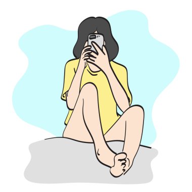 Çizgi sanatçısı kadın beyaz arka planda izole bir şekilde çizilmiş yatak illüstrasyon vektör eline akıllı telefon alıyor