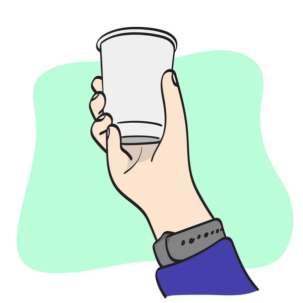 Közelről Kéz Üzletember Gazdaság Eldobható Csésze Illusztráció Vektor Kézzel Húzott — Stock Vector