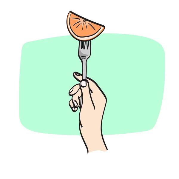 Närbild Hand Hålla Gaffel Med Bit Orange Illustration Vektor Hand — Stock vektor