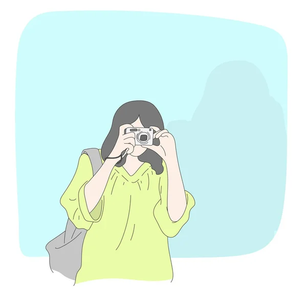 線画青の背景イラストベクトル手描きのコンパクトカメラで写真を撮る女性の半分の長さ — ストックベクタ