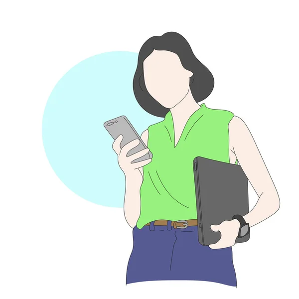 Line Art Businesswoman Holding Smartphone Laptop Computer Illustration Vector Hand — Stock Vector