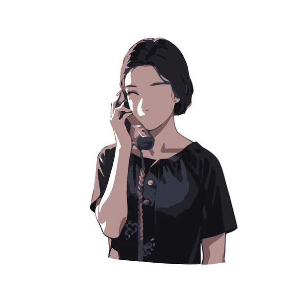 Line Art Woman Using Retro Telephone Illustration Vector Hand Drawn — Stock Vector