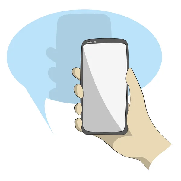 Line Art Closeup Hand Holding Smartphone Blue Speech Bubble Illustration — Stock Vector