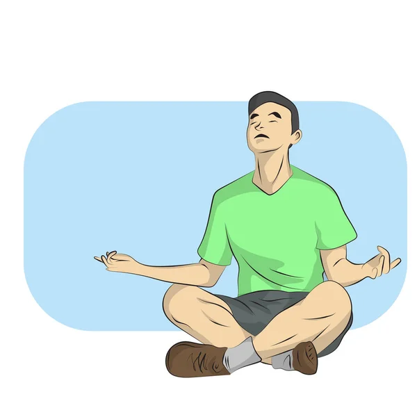 Línea Arte Centrado Hombre Sentado Suelo Meditando Relajación Con Copia — Vector de stock
