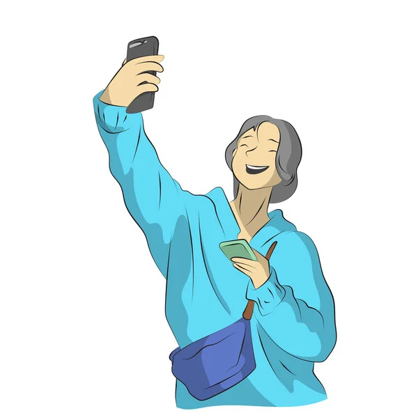 Čára Umění Žena Modré Košili Přičemž Selfie Ilustrační Vektor Ručně — Stockový vektor