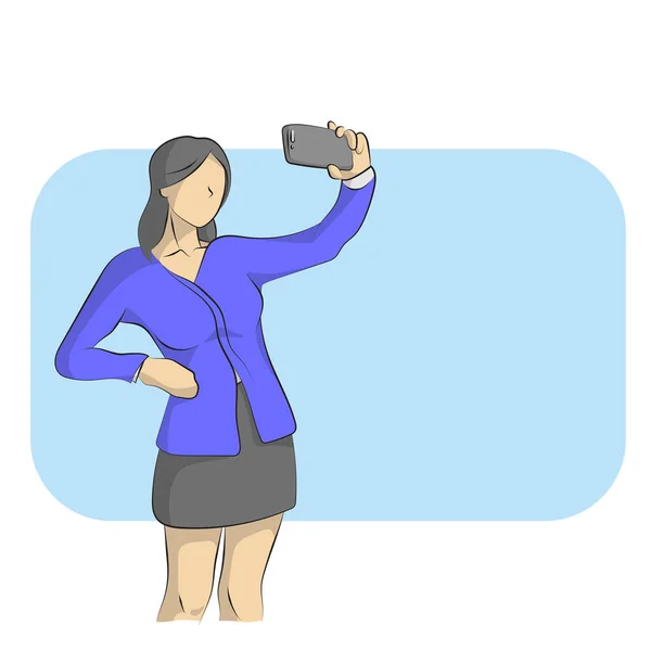 Podnikatelka Přičemž Selfie Modrým Mezerou Ilustrační Vektor Ručně Kreslené Izolované — Stockový vektor