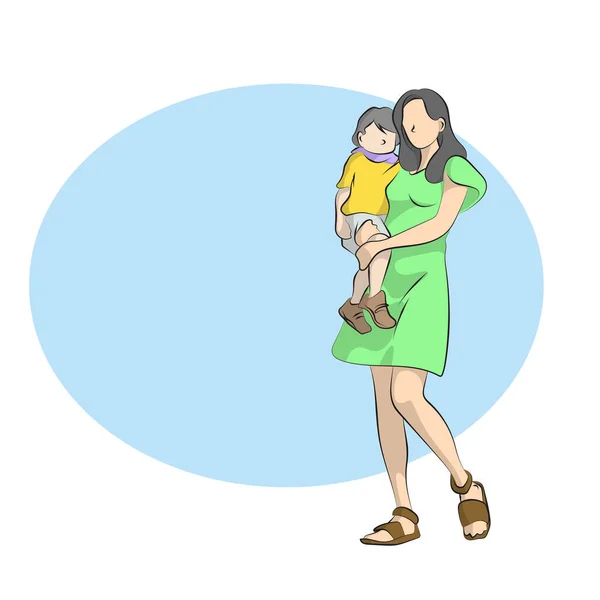 Pleine Longueur Mère Tenant Son Enfant Illustration Vecteur Main Dessiné — Image vectorielle