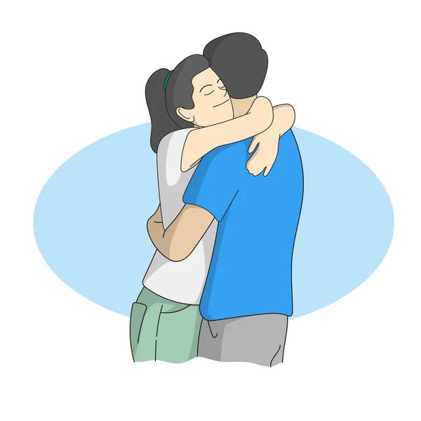 在蓝色复制空间上拥抱的年轻夫妇画图向量手 在白色背景上孤立地绘制 — 图库矢量图片