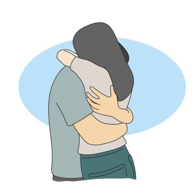 Beyaz arka planda izole edilmiş bir şekilde çizilmiş bir erkek ve kadın birbirlerine sarılıyorlar.