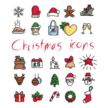 Renkli Noel simgeleri beyaz arkaplana izole edilmiş çizim vektör elini ayarlayın