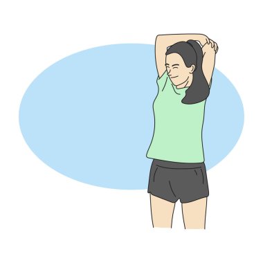 Kolları kafasının üzerinde çapraz duran yarım boyda bir kadın vektör eli mavi arka planda izole bir şekilde çizilmiş.