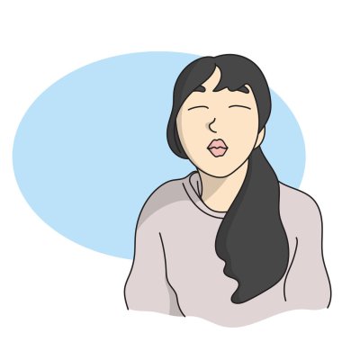 Beyaz arkaplana izole edilmiş mavi boşluk çizim vektör eli ile hava öpücüğü gönderen bir kadının yarı uzunluğu