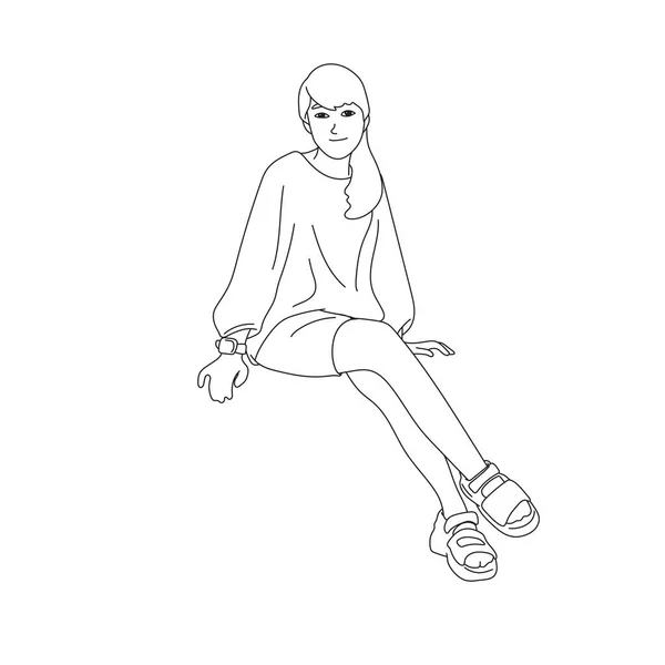 Full Length Woman Long Hair Sitting Illustration Vector Hand Drawn — Stock Vector