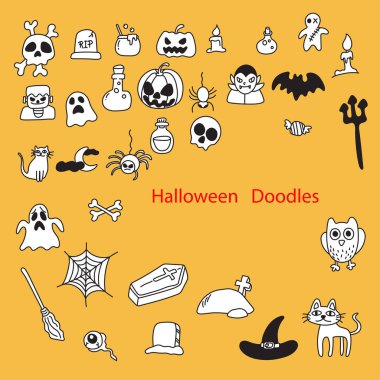 Karalama cadılar bayramı korku set çizim vektör el turuncu arka plan izole çizilmiş