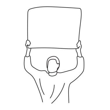 Beyaz arka planda izole bir şekilde çizilmiş baş illüstrasyon vektör elinin üzerinde kağıt boş işaret tutan bir adamın yarı uzunluğu 