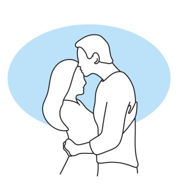 Erkek, kadını alnından öpüyor. Beyaz arka planda izole edilmiş vektör eli çiziyor.