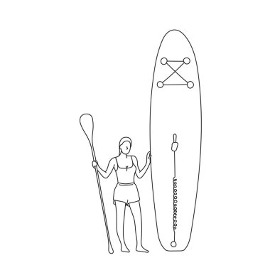 Kadın elinde yemek tahtası ve kürekli çizim vektör eliyle beyaz arka plana izole bir şekilde çizilmiş.