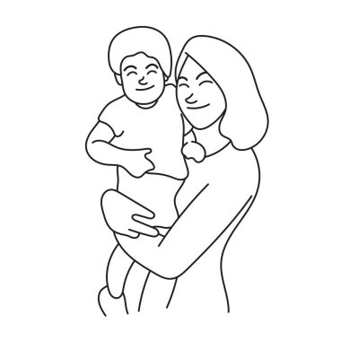 Anne, beyaz arka planda izole bir şekilde çizilmiş çocuk çizim vektörü elini tutuyor.