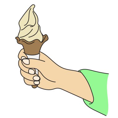 Yakından çekilen el, koni şeklinde vanilyalı dondurma çizim vektörü elini beyaz arkaplanda izole bir şekilde çiziyor.