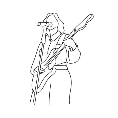 Elektro gitar çalan bayan müzisyen ve beyaz arka planda izole edilmiş çizilmiş çizim çizen çizim vektörü el.