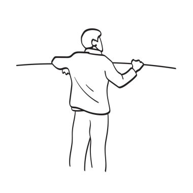 Beyaz arka planda izole edilmiş boş uzay çizim vektör eline bakan bir adam çatıda duruyor.